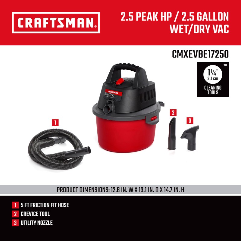 CRAFTSMAN CMXEVBE17250 2.5 Gallon 2.5 Peak HP Wet Dry Vac,