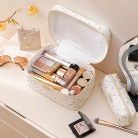 HBselect 3 PCS Quilted Makeup Bag, Cotton Large Travel Makeup Bag, Cute Floral Coquette Make up Bag Cosmetic Bag Toiletry Bag for Women Girls