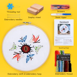 Embroidery Kit for Adult Beginners, Butterfly Embroidery Kit with Step-by-Step Instructions and Video,Printed Cloth,7.87" Hoop, Display Stand,Color Threads,Threader & Needles for Craft Lover(BED002)