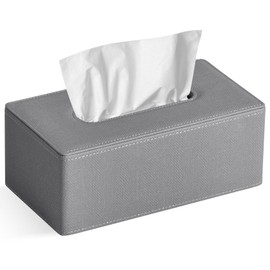 GOLRANLYE Tissue Box Cover Rectangular PU Leather Facial Tissue Box Holder for Dresser Bathroom Decor (Linen Grey)