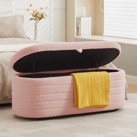 Storage Ottoman Bench End of Bed for Bedroom,45 inch Boucle Upholstered Entryway Shoe Seat Bench w/ Storage,Sherpa Modern Cute Padded Blanket Chest Stool Foot Rest for Living Room,Window Seating, Pink