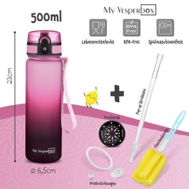 My Vesperbox Minny Children's Leak-Proof Drinking Bottle, 500 ml, with Straw or Strainer, BPA-Free, for Nursery, School (Pink/Purple/Black, 500 ml)