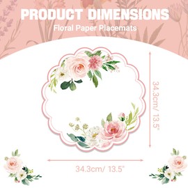 50 Pack Paper Placemats Disposable Pink Floral Placemat 13.7 Inch Rose Floral Round Place Mats Spring Summer Table Mats for Wedding Anniversary Baby Show Party Supplies Banquet Table Settings