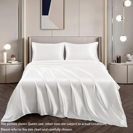 Solid Color Silky Fabric Bedroom Bedding Set, Including Fitted Sheet, 1 Set Including 1 Flat Sheet & 1/2 Pillowcase without Filler, Modern Soft Comfortable Satin Bedding Set for Home - Color: White, Size: Queen