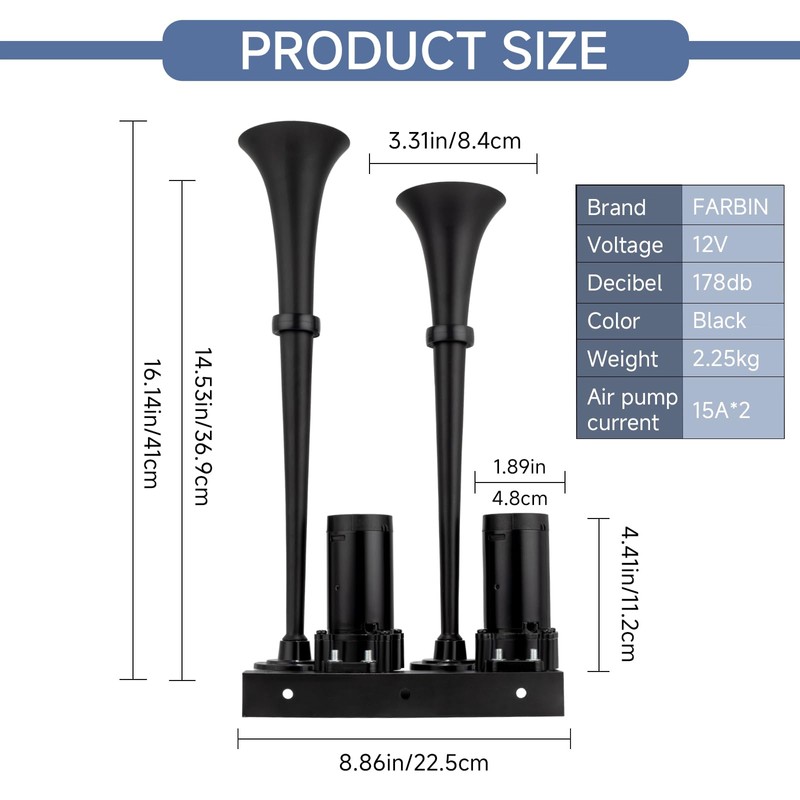 FARBIN Dual Trumpet Air Horn, 12V Train Horn Kit with