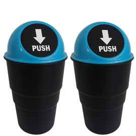 Car Trash Can with Lid Small Rubbish Bin 19 cm High x 9 cm Wide – Mini Push Top Desk Bin Fits Cup Holder Door Pocket – for Auto Home Office Makeup Table in Yellow Purple Blue Green (2, Blue)