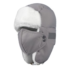 Waterproof Winter Hunting Trapper Hat Men Women Ear Flap Russion Ushanka Eskimo Hats with Mask Warm Aviator Reflective Hat Grey