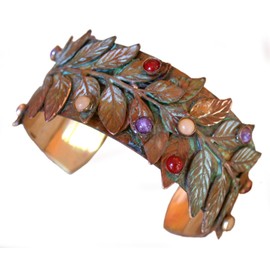 Elaine Coyne Collectible Artwear Bayberry Leaf Cuff Bracelet with Semi-Precious Stones - USA Made