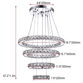 LED Chandeliers, Modern Crystal Chandelier Dining Room Living Room LED Ceiling Pendant Light 4 Rings Adjustable Stainless Steel Contemporary Chandeliers (4r Cool White)