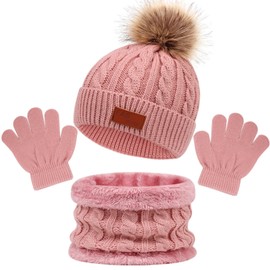 Enwokran 3-in-1 Children's Beanie Winter Hat Scarf Gloves Set, Thick Fleece Thermal Warm Knitted Hat Baby Hat Gloves Round Scarf Set for Children Boys Girls 2-6 Years, pink