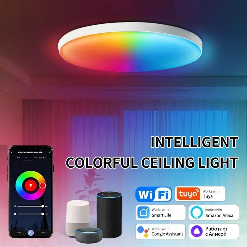 Smart LED Ceiling Light 30W, RGB + Adjustable White 2700K-6500K,
