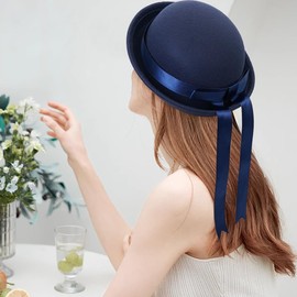 YeeHeen Felt Cloche Hat Church Round Bucket Hat Bowler Hats for Women Navy + Navy Ribbon
