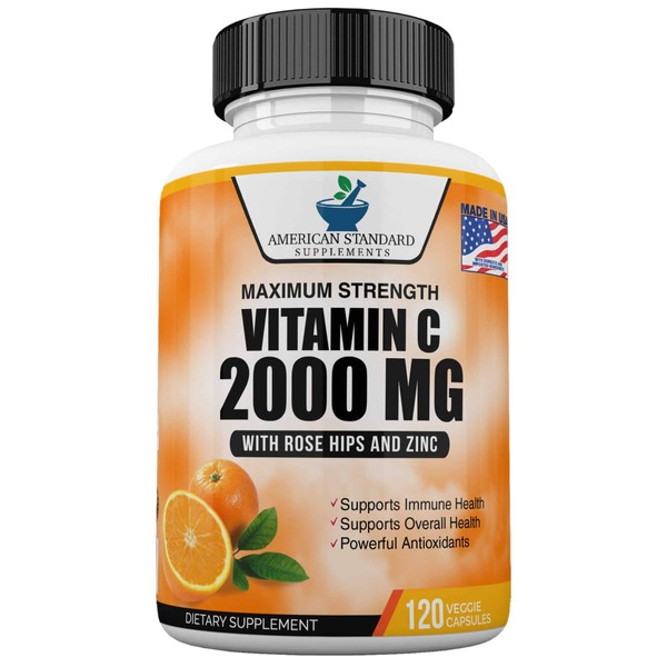 Vitamin C 2000mg with Zinc 40mg Per Serving and Rose Hips Extract, Immune Support for Adults, Immune Booster, Vegan Non GMO, No Filler, No Stearate, 120 Vegan Capsules, 60 Day Supply