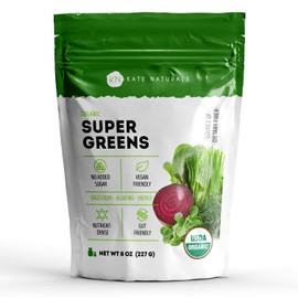 Kate Naturals Organic Super Greens Powder. Daily Greens Superfood Blend with Probiotics & Fiber for Smoothies and Juice (30 Servings, 8oz, Natural)