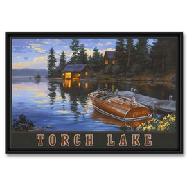Torch Lake Michigan Professionally Framed Giclee Archival Canvas Wall Art for Home & Office from Watercolor by Outdoor and Wildlife Artist Darrell Bush 12" x 18"