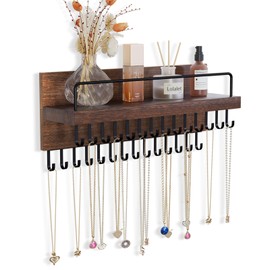 Lolalet Necklace Holder Hanging Necklace Organizer Wall Mounted Jewelry Organizer with 28 Hooks and Perfume Shelf, Wood Necklace Hanger Rack for Bracelets -Brown