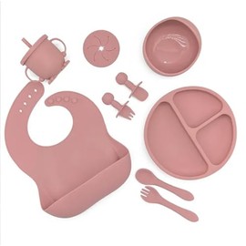 DaBabyBübü Baby Silicone Feeding Set, First Stage Toddler Utensils - 8 in 1 - with Bib, Sippy Cup, Suction Bowl, Baby Fork and Spoon Sets, Divided Plate w/Suction - Baby Led Weaning Supplies (Mauve)