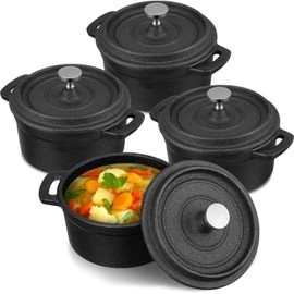 Suttmin 4 Pcs Mini Dutch Oven Small Round Iron Cocotte Black Dutch Oven Pot with Lid and Dual Handles Cast Iron Pot for Stovetop Use Marinate Cook Bake Refrigerate Garlic, Individual Servings(17 oz)