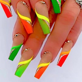 24Pcs Medium Press on Nails Long Fake Nails Colors False Nails with Designs Rhinestones,Nails Press ons Glitter Powder Ribbon French Tip Nails Artificial Nails For Women Girls