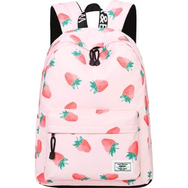 MIRLEWAIY Pink Strawberry Backpack for School Girls Lightweight Teen Primary Bookbag, Pink Strawberry