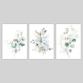 Artze Wall Art Botanical Eucalyptus Prints 3-Piece Set, 30 cm Width x 40 cm Height, Blue Green/Gold