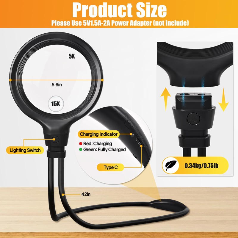 5X Large Hands Free Magnifying Glass for Reading, 6 Light