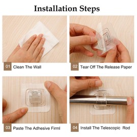 8PCS No Drill Curtain Rod Brackets, Self Adhesive No Drilling Curtain Rod Holder Hooks Nail Free Adjustable Renter Friendly Transparent Hangers for Bathroom Kitchen Home Bathroom Hotel Apartment