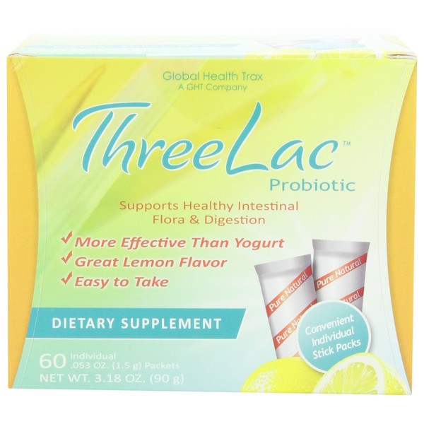 Threelac Probiotic Dietary Supplement, Natural Lemon Flavor, Includes 60 .053-Ounce Packets