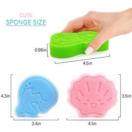 DANCELF Baby Bath Sponge, Natural Cute Shapes Soft Shower Sponges for Bathing, Bathtub Foam for Infants and Toddler, 3pcs : Blue Dolphin, Pink Shell, Green Turtle