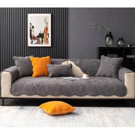 XSlive Palm Leaves Sofa Couch Cover Chenille Plush Quilted Sectional Couch Cover 1-Piece Non Slip Soft Sofa Slipcover Furniture Protector for Pets Kids Children Dog Cat (Dark Gray,43"x94")