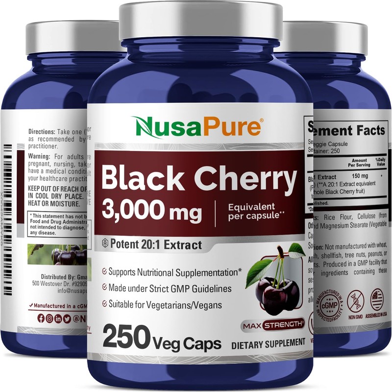 NusaPure Black Cherry Extract 3,000mg 250 Veggie Capsules Max Potency,