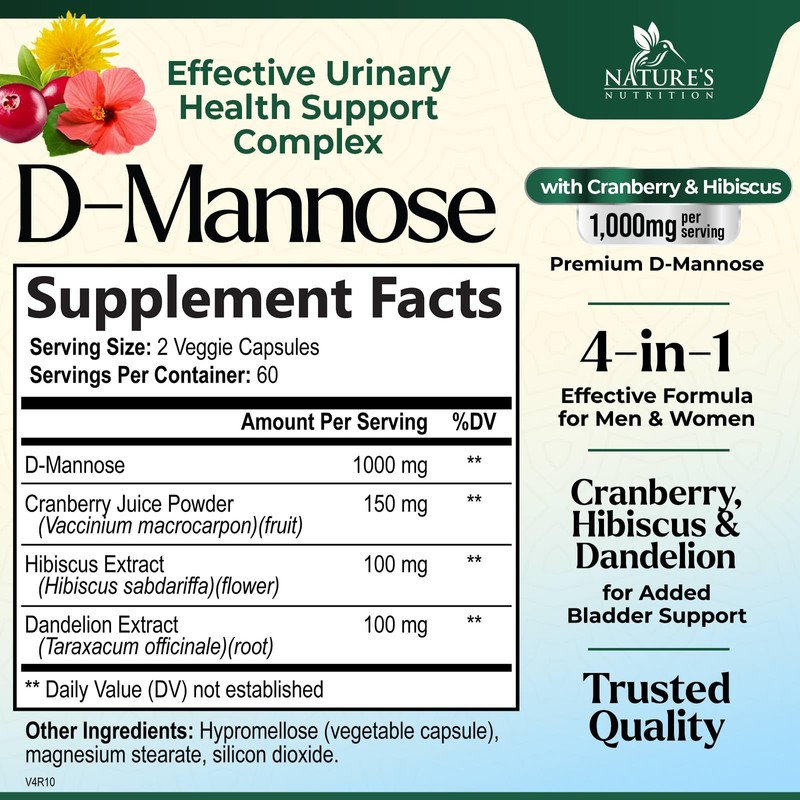 D-Mannose Supplement 1,350 mg with Cranberry & Hibiscus - Effective