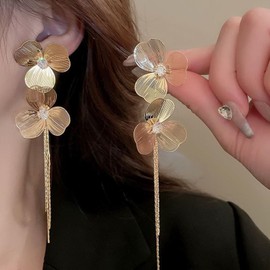 Gold Filigree Double Flower Stud Drop Earrings Golden Plated Long Tassel Earrings Punk Metal Flower Earrings Vintage Long Dangle Earrings Jewelry For Women And Girls