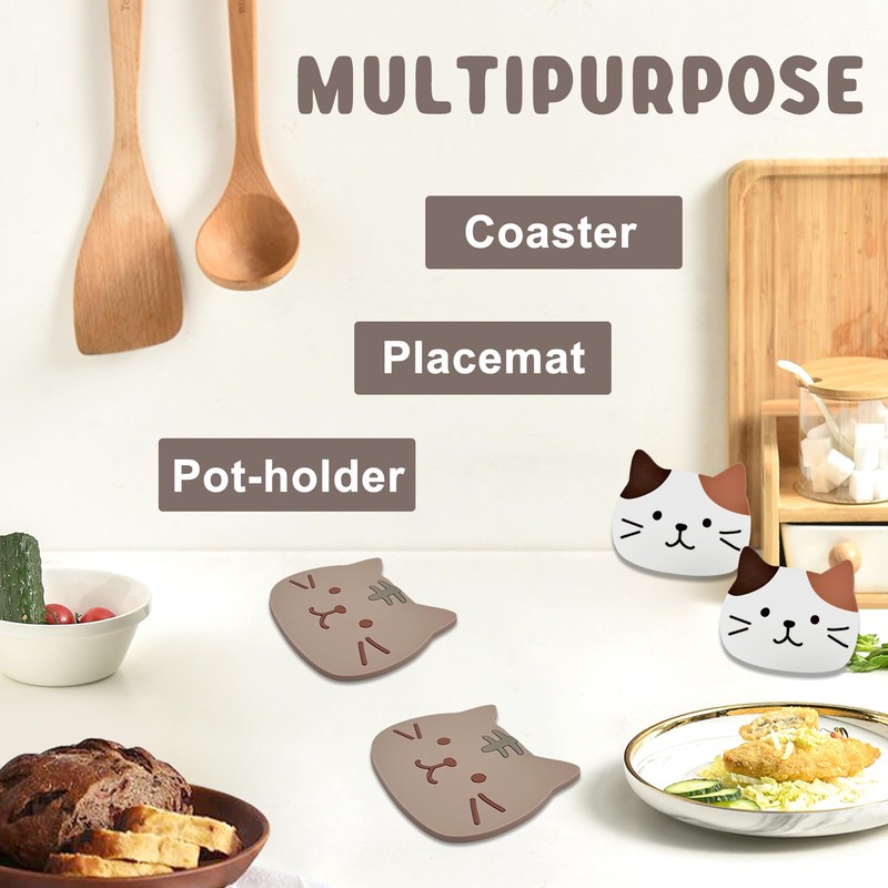 Cat Coasters Set of 4, Non-Slip PVC Cup Mats for