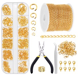 Glarks 504Pcs 30 Feet Jewelry Chains Set Gold Cable Link Chains Link Rolls Bulk Twisted Links Chain Necklace Jewelry Making Chains with Lobster Clasps and Jump Rings for Necklace Jewelry Making