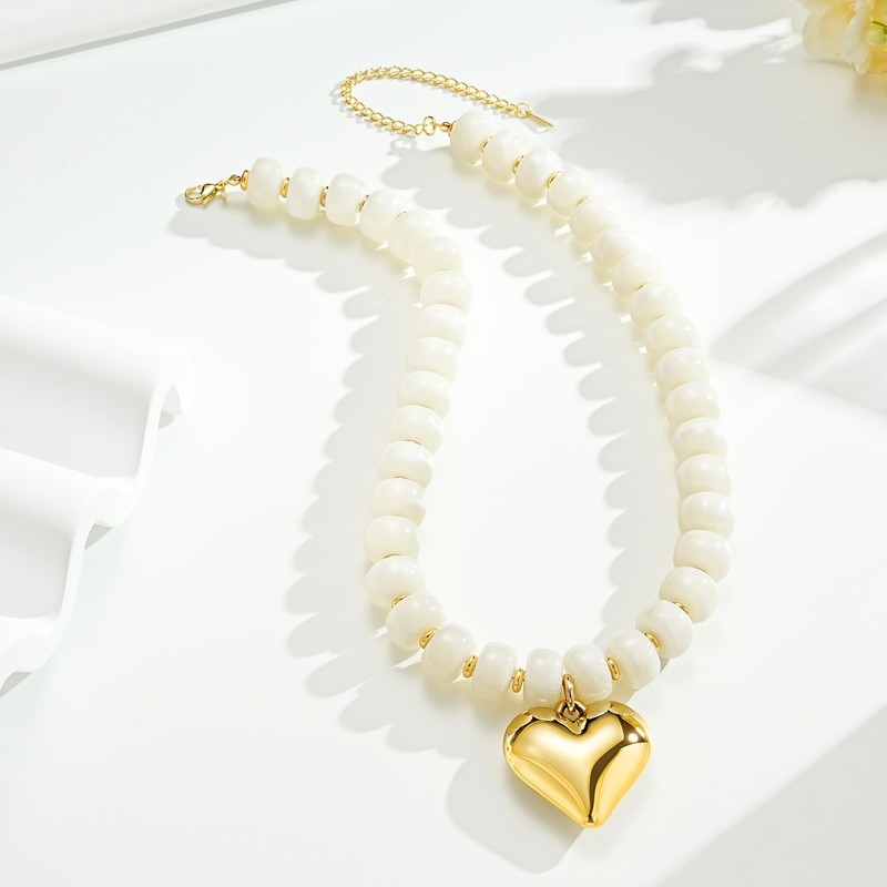 JIAOGE White Beaded Necklaces for Women, Heart Statement Chunky Necklace