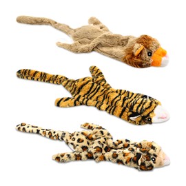 Jeeper Squeaky Dog Toys, 3 Pack no Stuffing Durable Plush Dog Squeaky Chew Toys Set for Puppy Small Medium Large Dogs Playing Making Fun, Wolf, Tiger, Leopard and Lion