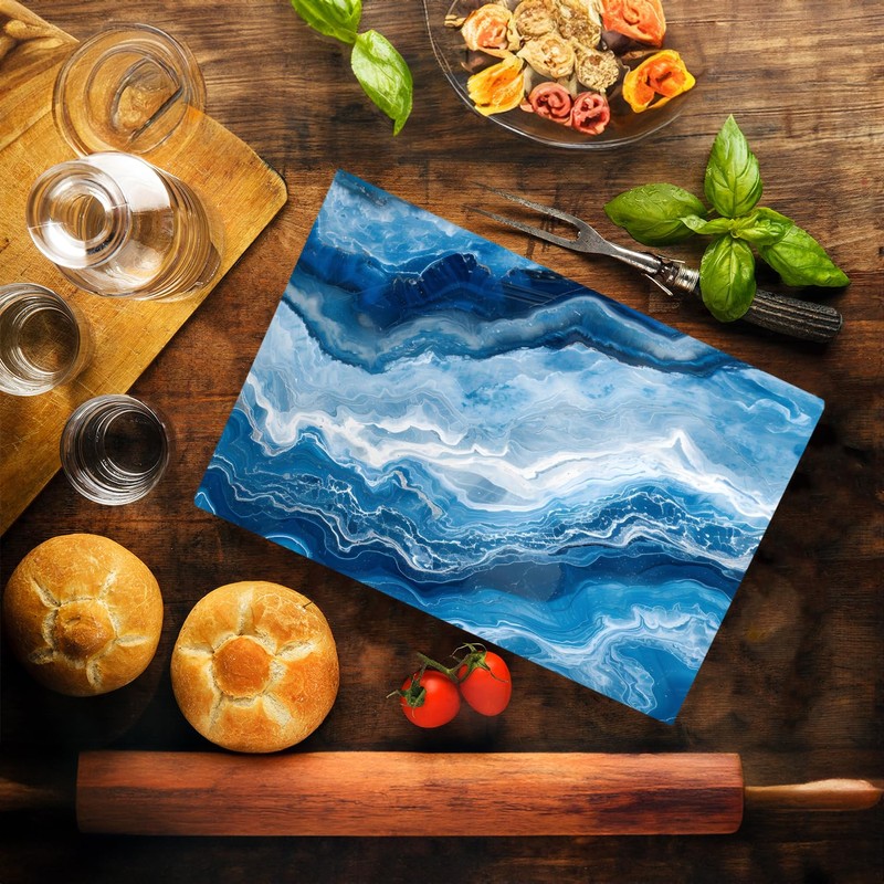 Light Dark Blue With White Marble Kitchen Glass Cutting Board
