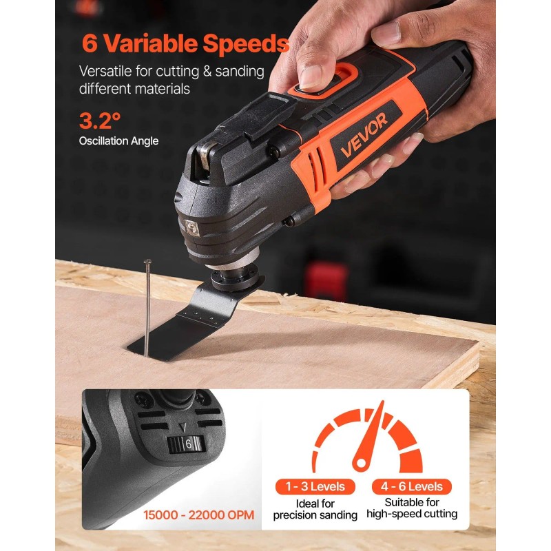 3Amps Corded Oscillating Multi Tool with 6 Variable Speeds 15000-22000