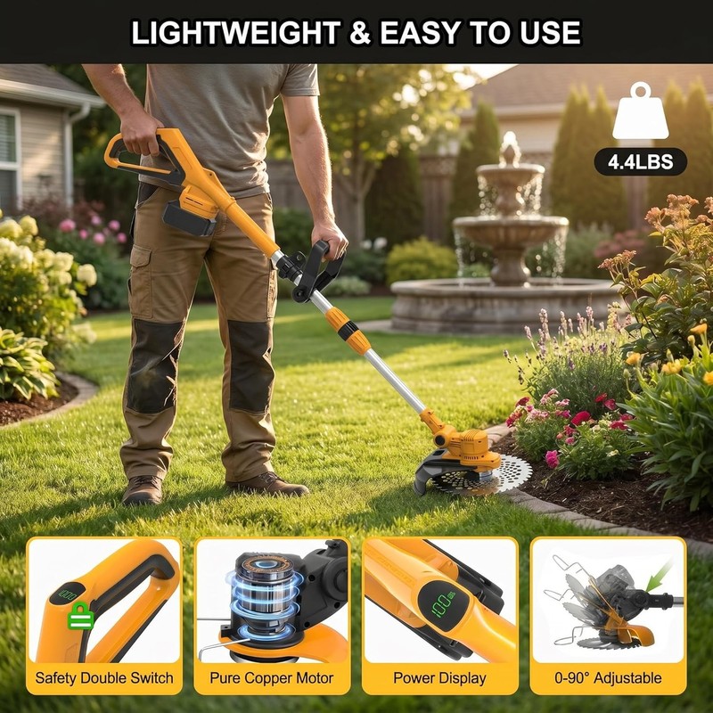 Cordless Weed Wacker with Wheels, 5-in-1 Electric String Trimmer, Battery