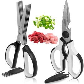 Gidli 2 Pack Kitchen Scissors & Kitchen Shears - Lifetime Replacement Warranty - Herb Scissors with 5 Blades and Cover - Heavy Duty Vegetable Salad Multi Blade All-Purpose Food Shears Dishwasher Safe