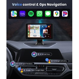 Podofo Wireless Carplay Screen for Car,7inch 1080P HD IPS Touch Screen Portable Car Radio Audio Receivers, Wireless Android Auto Screen 2 Mount/2 Bluetooth/MirrorLink/GPS/Voice Control/AUX/FM Transmit