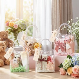 HairChrysm 12 Pack Clear Gift Bags with Handles, 5.1" L x 2.75" W x 5.9" H - Small Plastic Party Favors Bags for Wedding Birthday Baby Shower Includes Gift Tags & Ribbon Candy Tote Goodie Bag Bulk