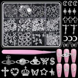 150 Pcs Silver Y2K Nail Charms, 3D Star Crown Planet Nail Art Charms, Punk Butterfly Dollar Cross Alloy Jewelry Nail Art Decoration, Moon Nail Studs Charms for Nails Design