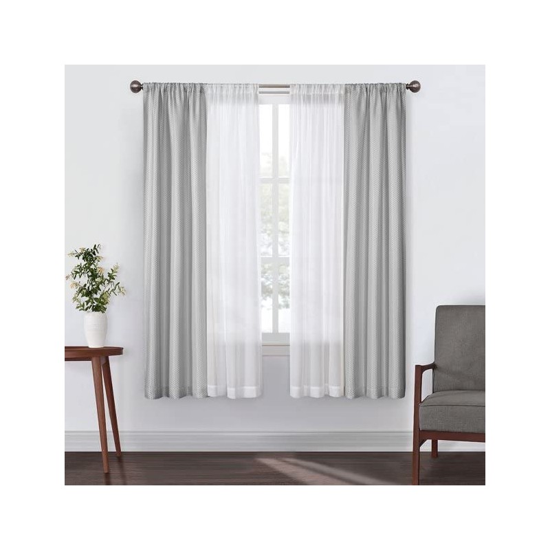 SunClipse 4 Piece Silver Open Stitch and Solid Window Curtain