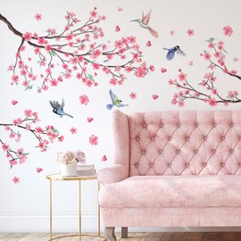 iMagitek Large Cherry Blossom Wall Stickers Pink Flowers Tree Branch Birds Floral Cherry Blossom Wall Decals for Bedroom Living Room Sofa TV Background
