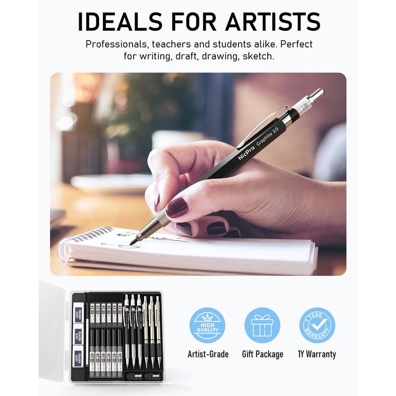 Nicpro 6Pack Art Mechanical Pencil Set, 3Pack Metal Drafting Pencil