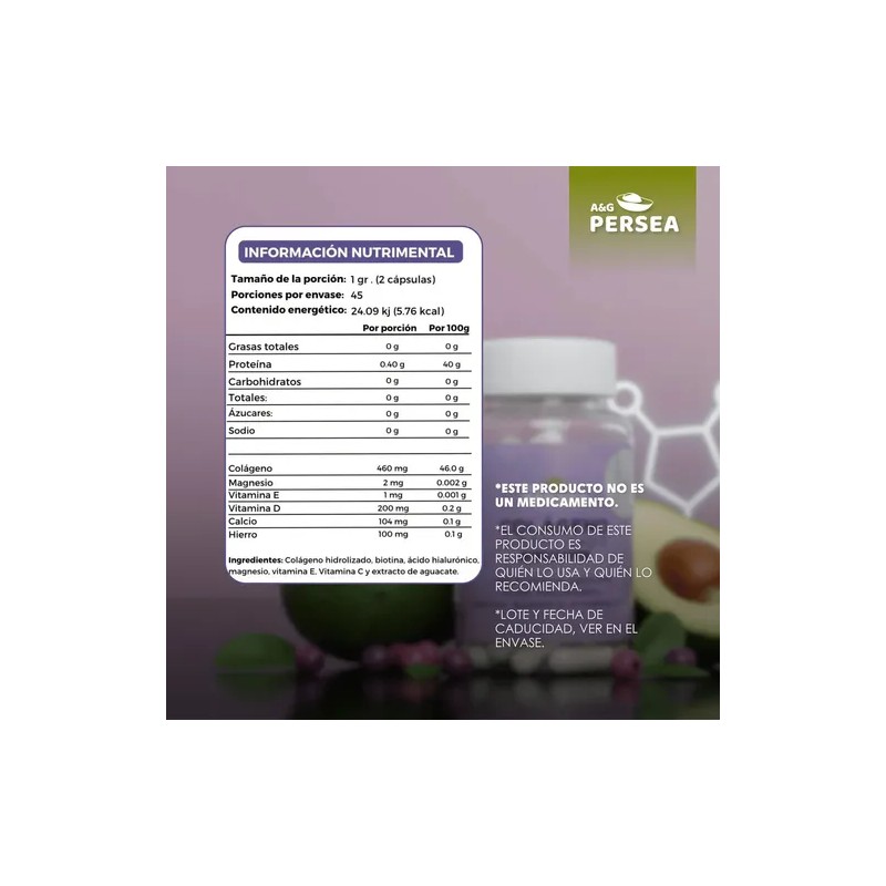 Persea Capsulas Colageno Biotina Magnesio Extracto Aguacate Vitamina Sabor