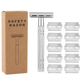 YPYMOD Safety Razor for Men, Hand Razor, 2-Sided Blade Head, Safety Razor, Made of Stainless Steel, 10 Razor Blades (Silver)