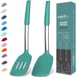 BakeRoyal Silicone Spatula Set - Turner Spatulas Silicone Heat Resistant 600°F - Slotted & Solid Spatula for Cooking Fish, Eggs, Pancakes Flipper – Spatulas for kitchen use – Turquoise